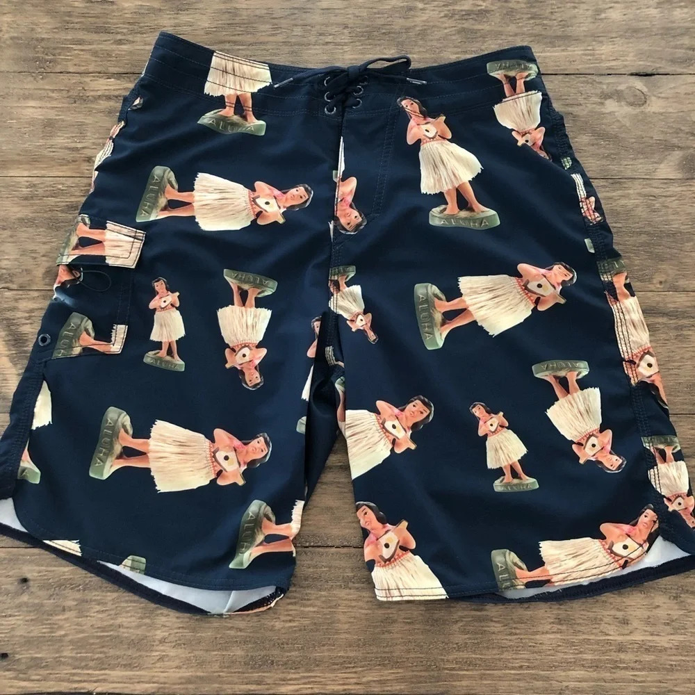 Vans Mens 30 Waist The Era Stretch Swim Cargo Boardshorts Hawaiian Aloha Navy